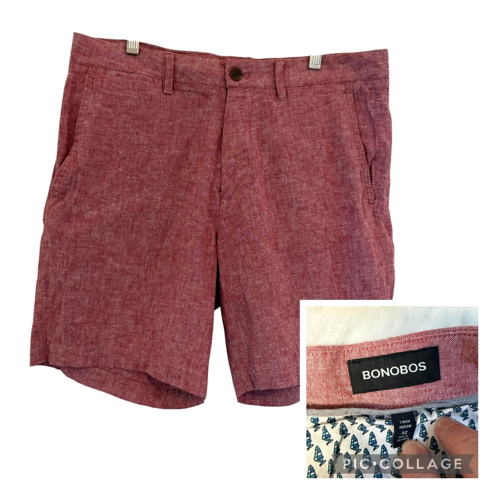 Bonobos Linen Blend Shorts Mens 7 Inch Inseam Red Heather Size 32 Standard Fit